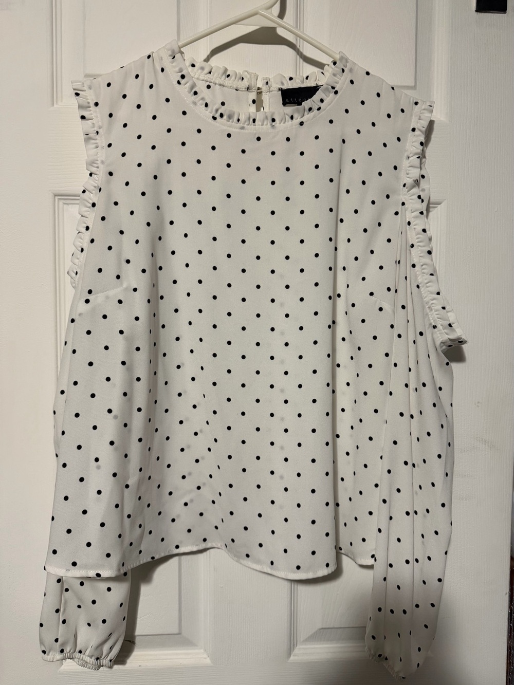 attention White with Black Polka Dot Ruffle Sleeve Blouse